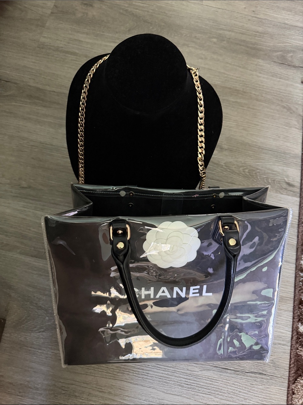 Purse Black Clear Tote with White Camellia and Gold Chain